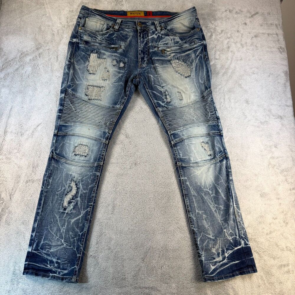 Makobi Jeans Mens 36x32 Distressed Moto Biker Ribbed Zip Pocket Stretch Denim